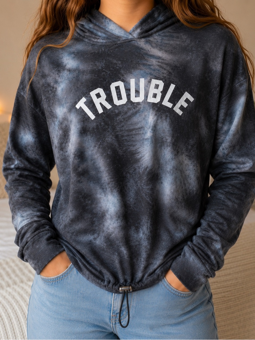 Women’s Tie Dye Hooded Drawstring Crop Top with TROUBLE lettering (Size M) NWOT